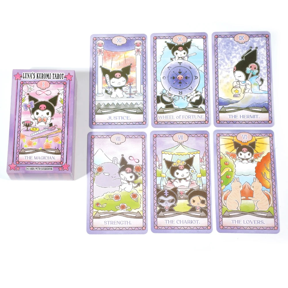 Ensemble de tarot Kuromi 78 pièces, cartes de tarot mignonnes de mode de dessin animé, 78 cartes de table de jeux de groupe pour les fêtes, la précognition et la divination