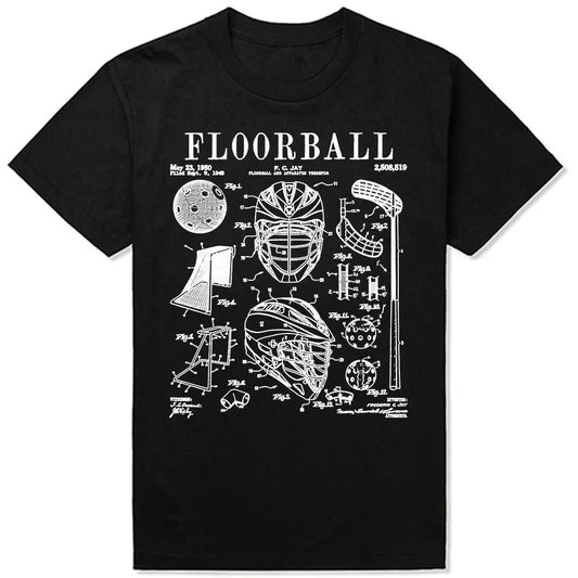 Camiseta de manga corta con estampado de patente vintage para jugador de floorball, palo, portero, deporte, ropa de calle, regalos, camisetas de algodón con gráficos de verano