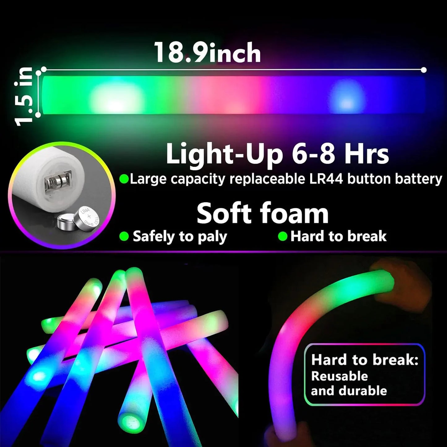 LED Glow Sticks Party Foam Light Sticks Batons with 3 Modes Colorful Flashing for Wedding Events (Colorful Light, 30PACK)