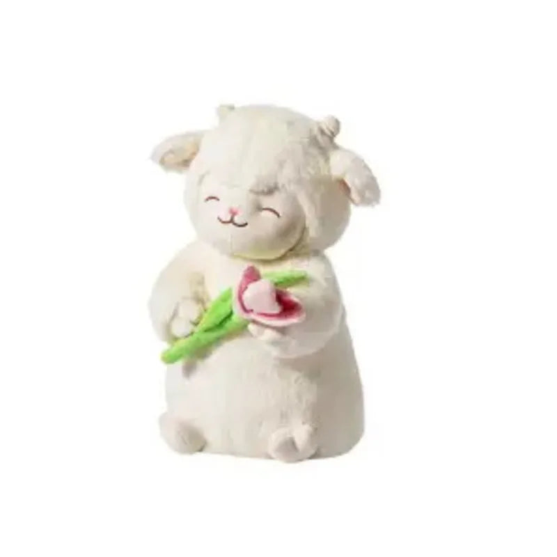 Poupée en peluche en forme de mouton blanc doux avec fleur de tulipe, agneau en peluche doux avec tulipe, jouet en peluche, cadeau mignon pour enfant, anniversaire, Noël