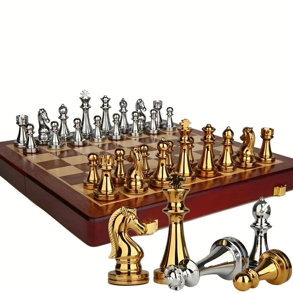 Jeu d'échecs en métal de 39 cm de large, 2 échiquiers supplémentaires pliables en bois, pièces d'échecs fabriquées à la main, jeu de table de voyage