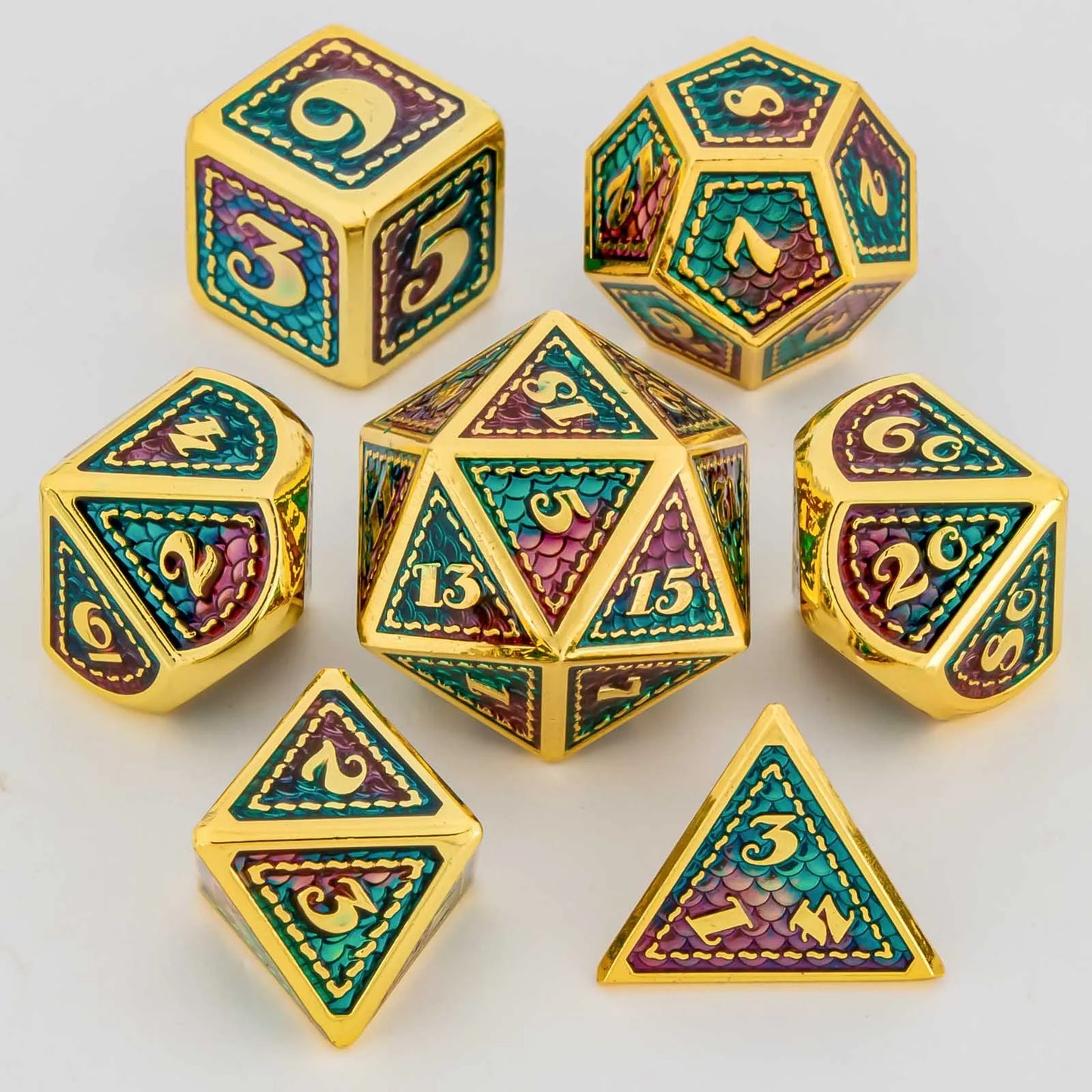 OUKELANWO DND Metal Dice Set D&amp;D pour Dungeon and Dragon, jeu de rôle RPG polyédrique doré D et D Dice D20 D12 D10 D8 D6 D4