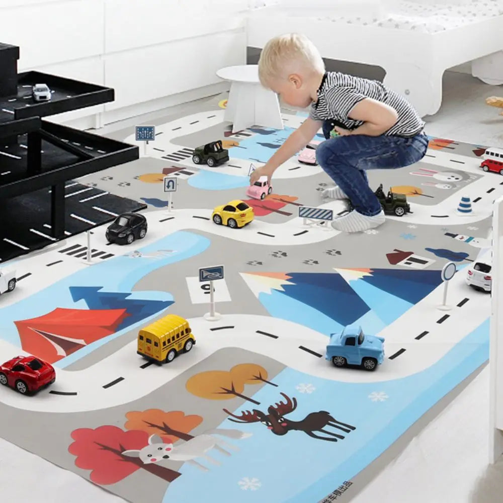 Tapis de jeu pour bébé 130 x 100 cm, tapis de circulation routière et panneau de signalisation routière, tapis pliable de style nordique pour activités pour enfants, tapis de pique-nique en plein air