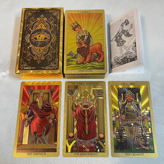 Baraja de adivinación con cartas de tarot en lámina de oro de 12 x 7 cm para principiantes con guía en papel en 2 idiomas Toro Taro