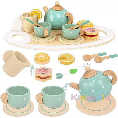 Jouets de thé en bois pour petites filles Ensembles de cuisine Accessoires de jeu avec théière Tasse à thé Jouets de jeu de rôle pour tout-petits de 3 ans et plus