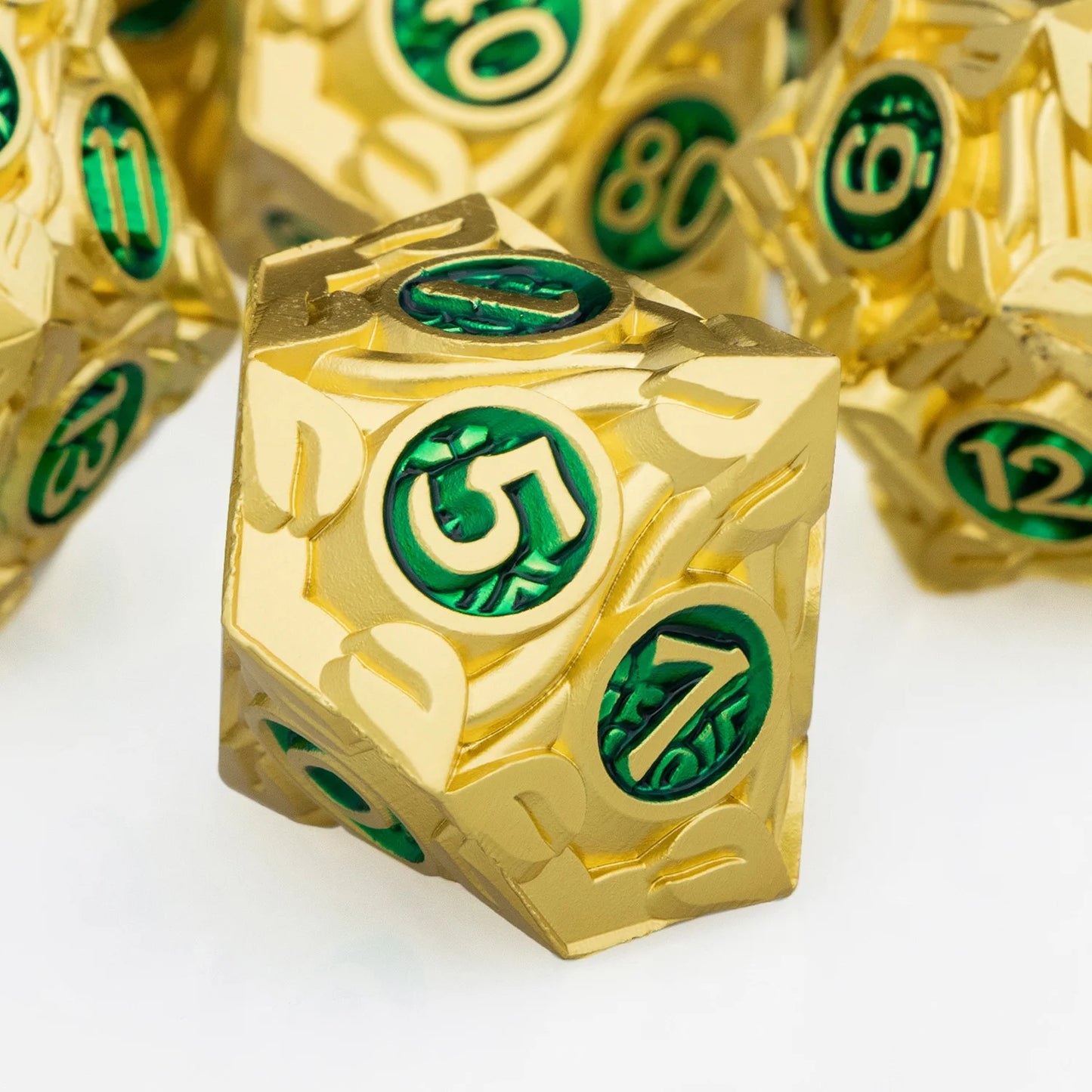 7PCS DND Metal Golden Green RPG Polyhedral For Dungeon and Dragon Tabletop Role Playing Game D and D Dice Set D20 D12 D10 D8 D6