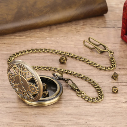 7 PCS DND Dice with Vintage Pocket Watch Cases for dnd with 39cm chain Hollow clock gear pocket watch DND dice Gifts Board Game