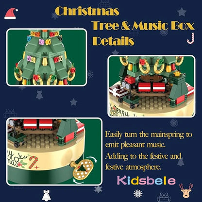 Colorful Christmas Tree Rotating Music Box Assembled Building Blocks Creative Ornaments Christmas Gift Toy Music Box