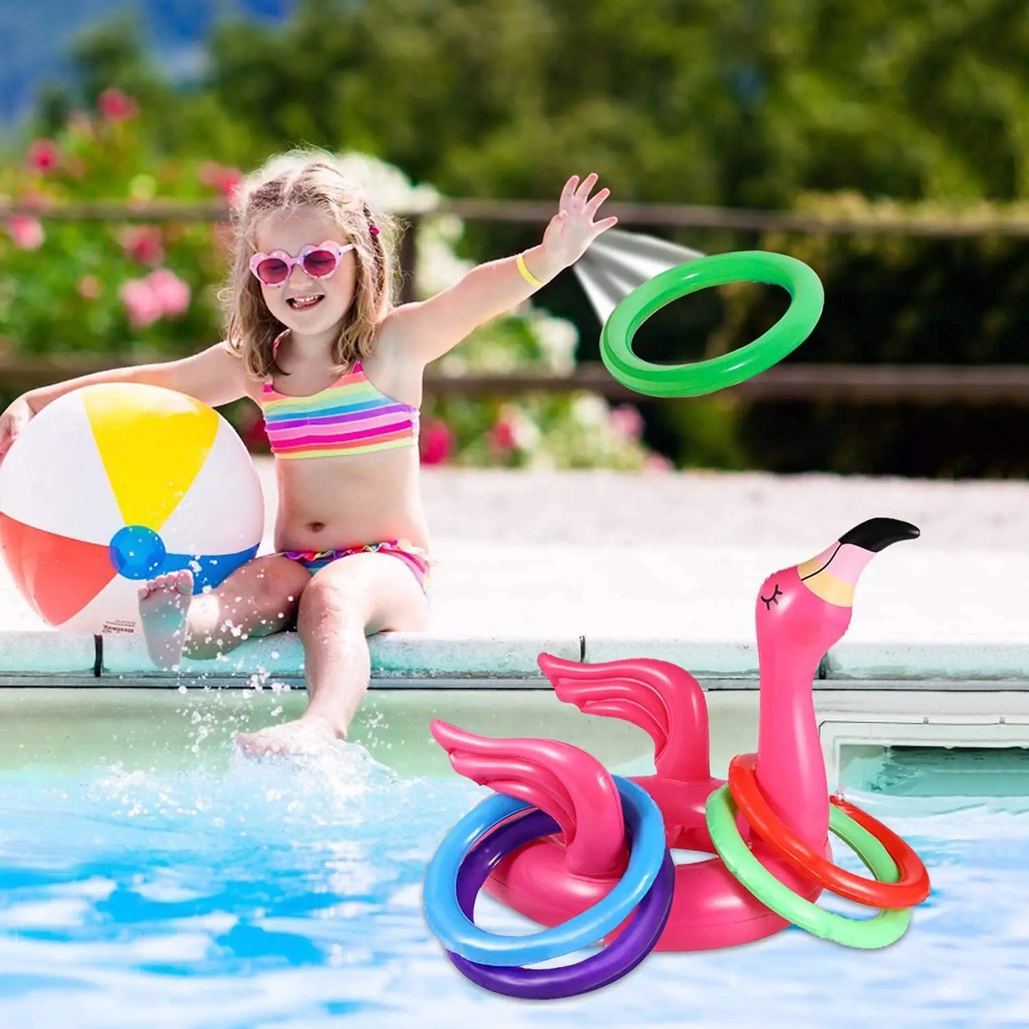 5 piezas de juguetes inflables para piscina con forma de flamenco, juego de piscina con lanzamiento de aro, decoración para fiesta de conejo, juguetes flotantes de playa para exteriores de verano, suministros para la familia