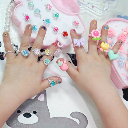 15PCS Little Girl Alloy Gemstone Rings Seashell Bag Children Kids Jewelry Set With Display Case Girl Pretend Play Dress Up Rings