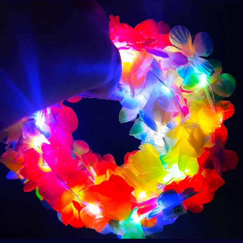 10 piezas de diadema floral con LED hawaiano, collares con flores luminosas, guirnaldas iluminadas, guirnaldas artificiales de arcoíris, suministros para fiestas de bodas