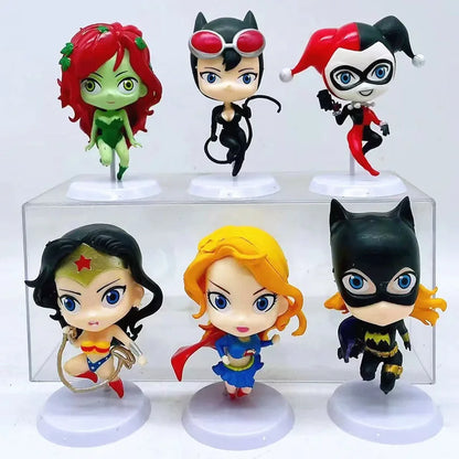 6pcs/set Super Hero Catwoman Wonder Woman Poison Ivy Supergirl BatGirl Harley Quinn Cute Figure Model Toys 8cm