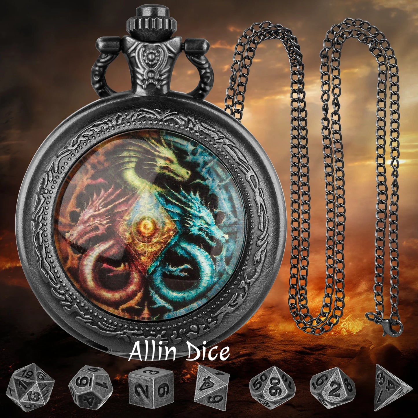 Montre de poche en métal Dragon Eyes Dice pour collectionneurs de dés, joueurs de jeux dnd. Mini montre de poche à dés dnd de 6 mm pour joueur de rpg