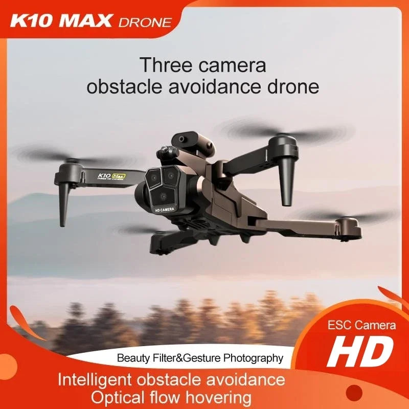 Nouveau drone K10 Max RC HD triple caméra flux optique positionnement évitement d'obstacles photographie gestuelle pliable quadricoptère jouets