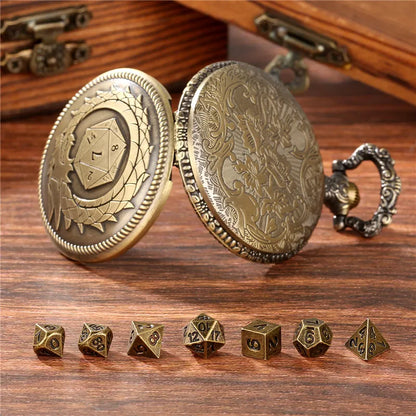 Dés de montre de poche rétro 7 pièces dés DND en métal boîtier de montre de poche Dragon dés de jeu pour jeu de société souvenirs cadeaux de Noël