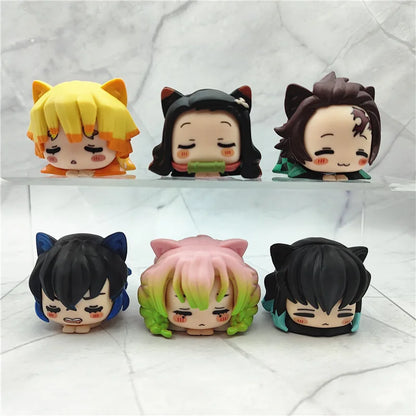 6 piezas/set Anime Demon Slayer figura Nezuko Tanjirou Zenitsu Inosuke mini figura Kawaii gato oreja dormir figura PVC modelo muñeca juguetes