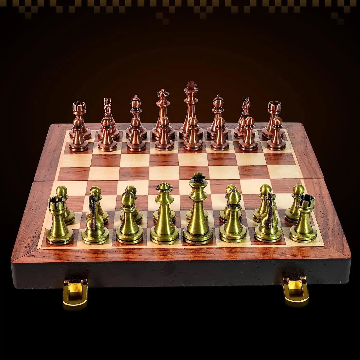 Large Metal Deluxe Chess Retro Copper Plated Alloy Chess Adult Set Board Game Portable Wooden Box Storage Folding Chess Set