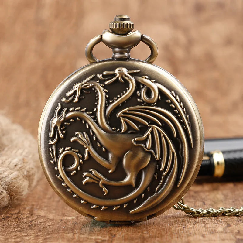 Boîtier de montre de poche en métal avec dés pour donjons et dragons, pendentif dinosaure vintage, boîtier de montre de poche dnd dice, chaîne de 39 cm