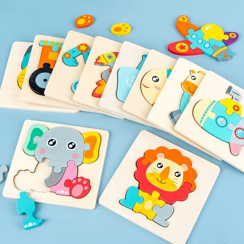 Baby Wooden Toys 3D Puzzle Cartoon Animal Intelligence Cognitive Jigsaw Wood Puzzle Early Educational Toys for Kids Gifts