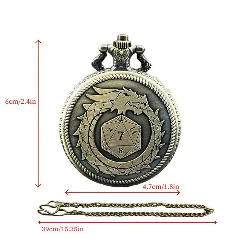 Boîtier de montre de poche en métal avec dés pour donjons et dragons, pendentif dinosaure vintage, boîtier de montre de poche dnd dice, chaîne de 39 cm