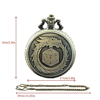 Boîtier de montre de poche en métal avec dés pour donjons et dragons, pendentif dinosaure vintage, boîtier de montre de poche dnd dice, chaîne de 39 cm