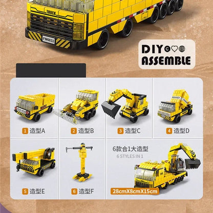 6in1 City Excavating Machinery Engineering Vehicle Crane Car Truck Material Handler Model Building Blocks Sets Bricks Toy Gift