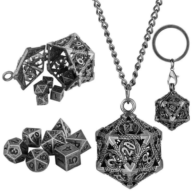 Llavero de dados con estuche de metal hueco D20, juego de 7 dados poliédricos de metal, collar con colgante de cadena para juegos, regalos de Navidad