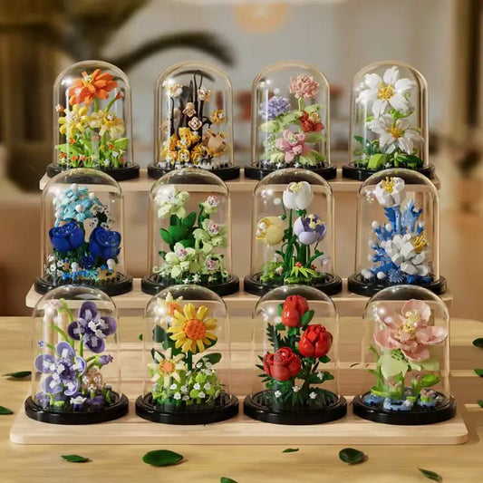 Micro Flower Bouquet Bonsai Building Blocks Artificial Plastic Plant Dust Cover Model Home Decoration Toy For Kid Birthday Gift