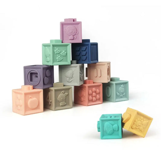 Lot de 12 blocs de construction souples pour bébé, jouet de bain sensoriel Montessori, anneaux de dentition, jouets de bain pour tout-petits et enfants, cadeaux