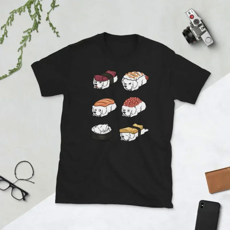 Camiseta divertida de sushi nigiri de los Grandes Pirineos, regalo para perros, camisetas de cuello redondo de corte regular para adultos, camisetas estampadas de algodón para hombres