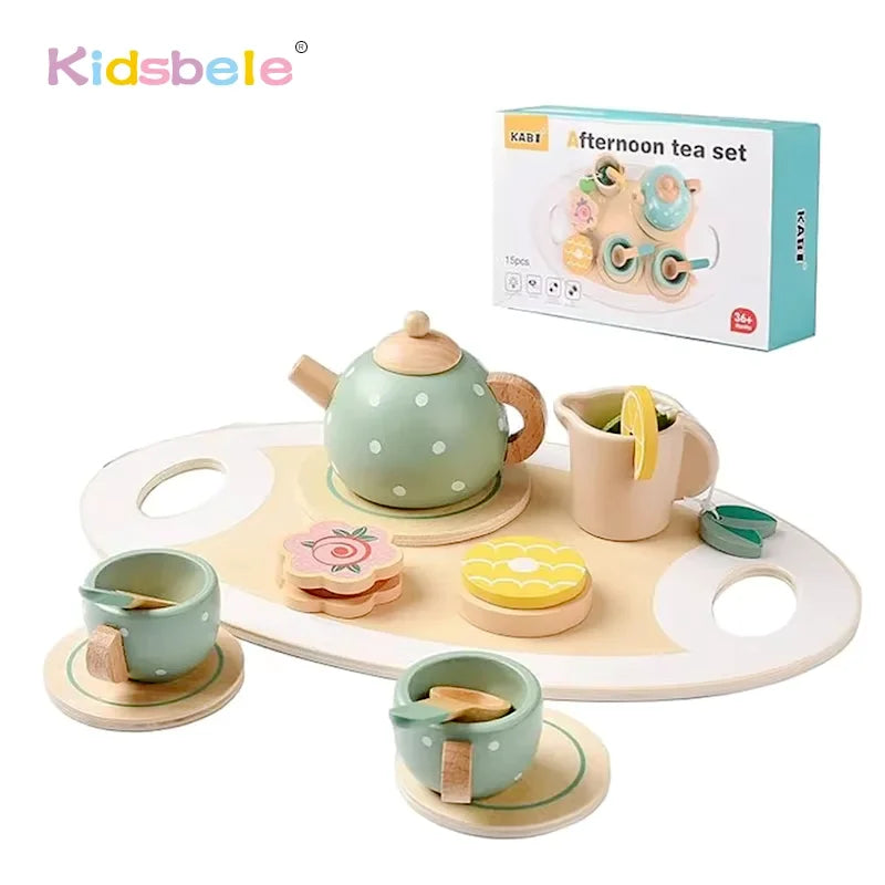 Jouets de thé en bois pour petites filles Ensembles de cuisine Accessoires de jeu avec théière Tasse à thé Jouets de jeu de rôle pour tout-petits de 3 ans et plus