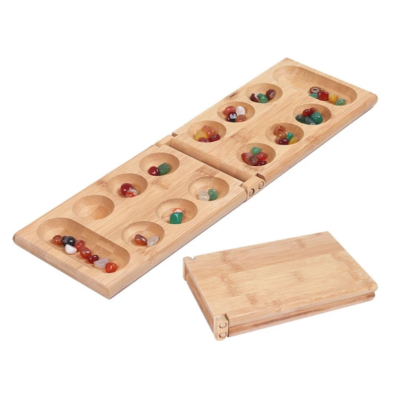 Juego de mesa Mancala con piedras de colores, tablero de madera plegable, juego de ajedrez R9JD