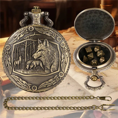 Dés de montre de poche Wolf, dés Dnd, 7 pièces de dés en métal Chaîne pendentif loup 7 pièces/ensemble dés polyédriques en métal pour dés de jeu de rôle