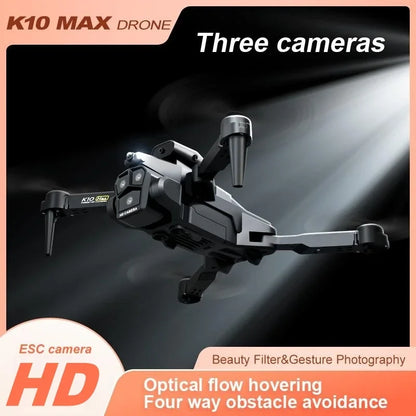 Nouveau drone K10 Max RC HD triple caméra flux optique positionnement évitement d'obstacles photographie gestuelle pliable quadricoptère jouets