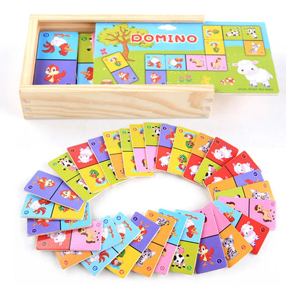 Ensemble de blocs de construction en bois Montessori Domino Jouets éducatifs précoces pour enfants Cognitive Animal Solitaire Dominoes Puzzle Toy Enfants