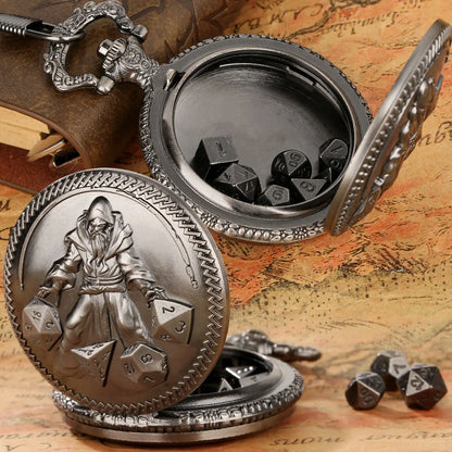 Estuche para dados DND con forma de reloj de bolsillo para dados de mazmorras y dragones, regalo, juego de dados DND en miniatura de metal poliédrico con carcasa de reloj de bolsillo