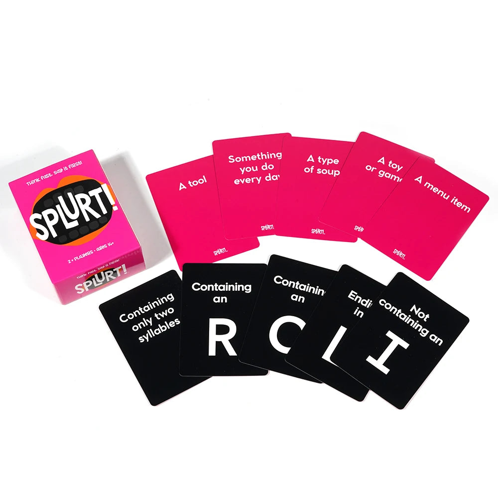 Juego de cartas Splurt ¡Splurt! Juego de cartas portátil para fiestas ¡Piensa rápido y dilo primero!, Juego de mesa rosa