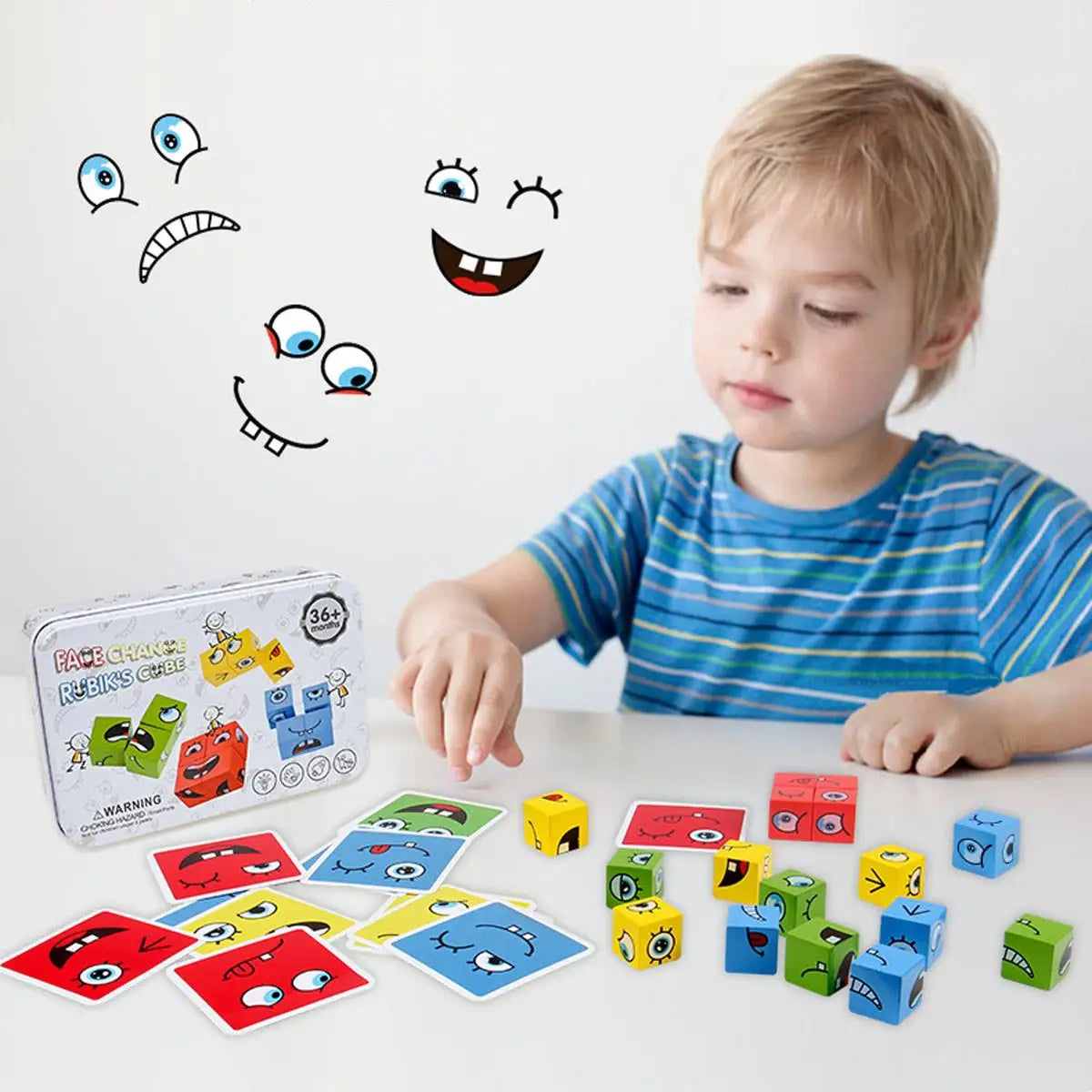 Kids Emotions Expression Game Wooden Cube Face Changing Board Cartoon Puzzle Toy Montessori Thinking Challenge Games