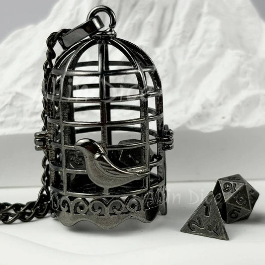 Mini cage à oiseaux en métal avec 7 dés DND et collier Ensemble de dés polyèdres pour donjons et dragons RPG Jeu de rôle