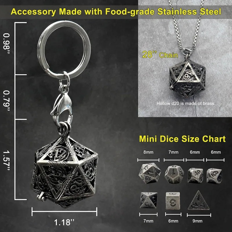 1 ensemble de mini dés DND en métal avec étui à dés en fer antique creux D20 collier ensemble de dés en métal antique minuscule porte-clés D&amp;D portable