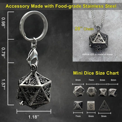 1 ensemble de mini dés DND en métal avec étui à dés en fer antique creux D20 collier ensemble de dés en métal antique minuscule porte-clés D&amp;D portable