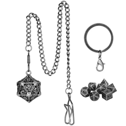 Llavero de dados con estuche de metal hueco D20, juego de 7 dados poliédricos de metal, collar con colgante de cadena para juegos, regalos de Navidad