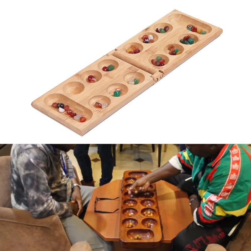 Juego de mesa Mancala con piedras de colores, tablero de madera plegable, juego de ajedrez R9JD