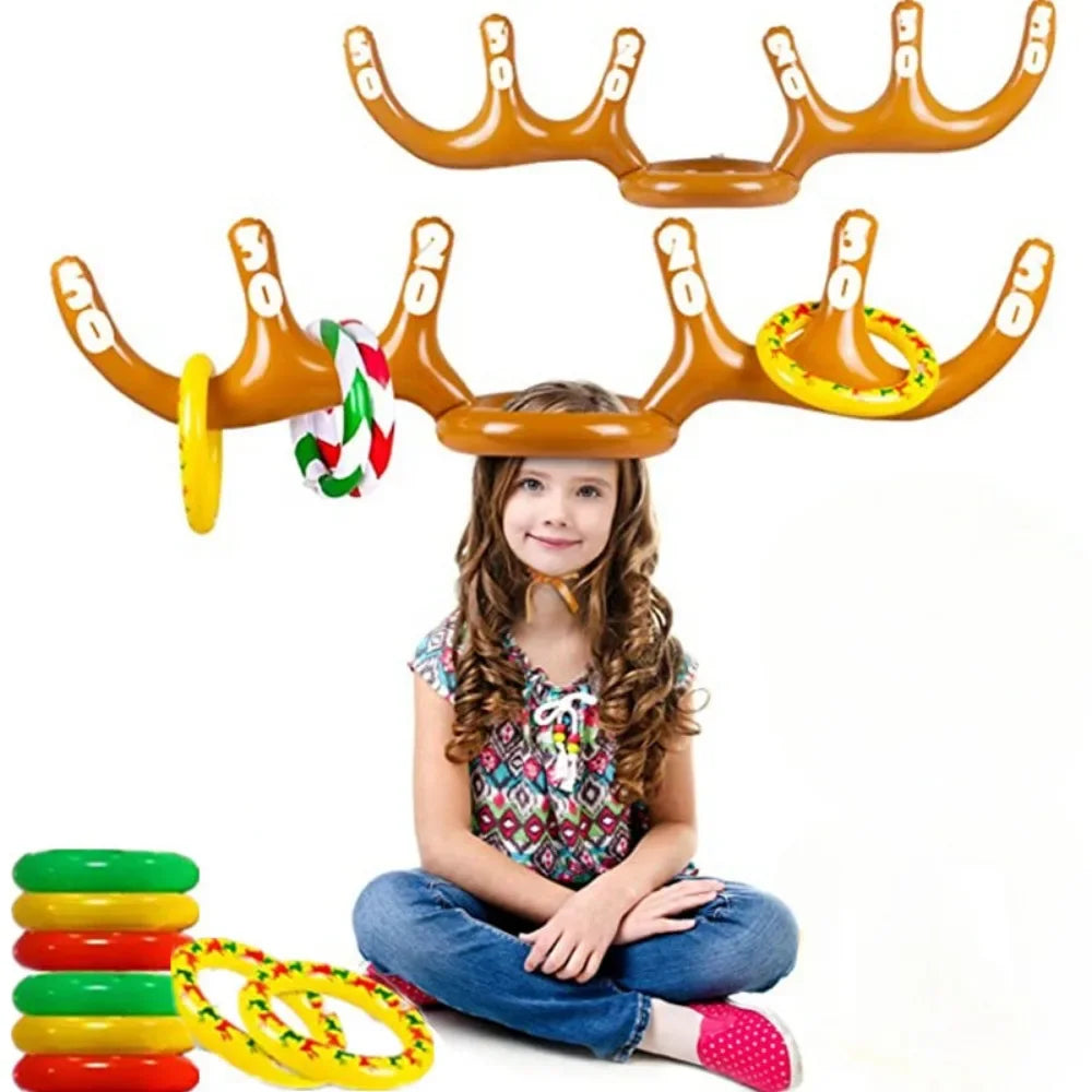 1 ensemble de jeu de Noël gonflable drôle de chapeau de bois de renne anneau de lancer jouets de Noël nouvel an enfants cadeau gonflable jeux de fête jouets