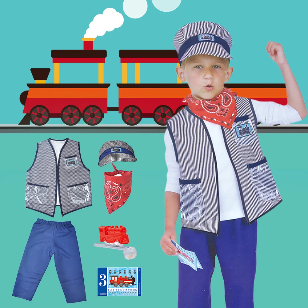 Kids Train Engineer Conductor Costume Prom Performance Costume Cosplay Clothing Equipment Props Pretend Play Toy