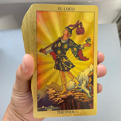 Cartas del Tarot en lámina de oro en caja de 12 x 7 cm, baraja de adivinación para principiantes con guía en papel en 2 idiomas Toro Taro