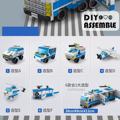 Bloques de construcción 6 en 1 para coche de policía de ciudad, camión minicargador con motor de ingeniería de bomberos, modelo clásico, juego de ladrillos, juguete, regalo de Navidad