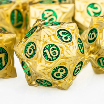 7PCS DND Metal Golden Green RPG Polyhedral For Dungeon and Dragon Tabletop Role Playing Game D and D Dice Set D20 D12 D10 D8 D6