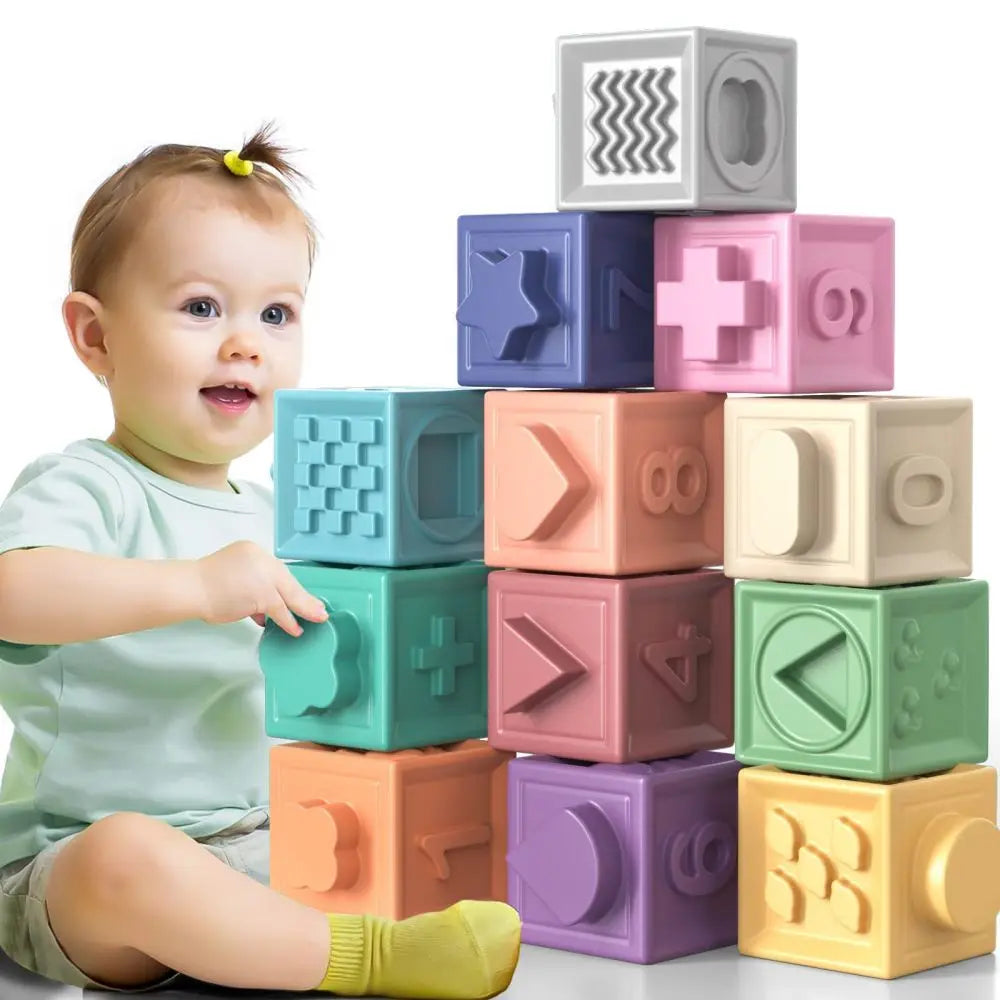 Lot de 12 blocs de construction souples pour bébé, jouet de bain sensoriel Montessori, anneaux de dentition, jouets de bain pour tout-petits et enfants, cadeaux