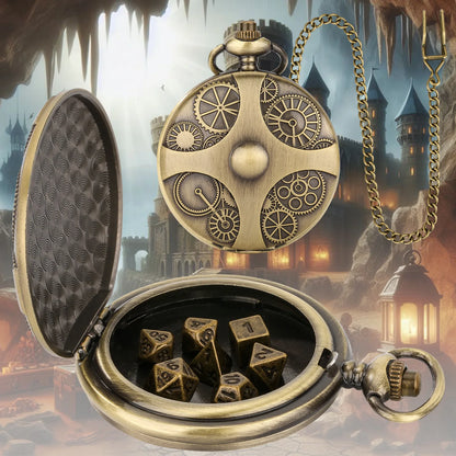 Boîtier de montre de poche Gear Dnd Dice pour donjons et dragons Pendentif Montre de poche creuse Ensemble de dés en métal avec dés DND en bronze Chians